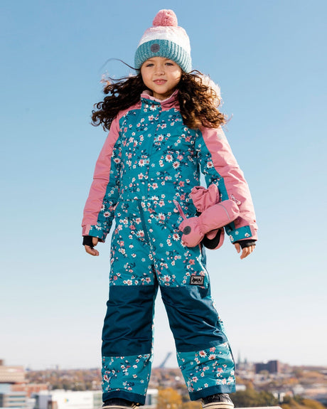 One Piece Snowsuit Teal With Spring Flower Print-2