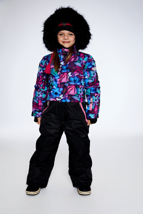 One Piece Snowsuit Black With Abstract Flower Print-1
