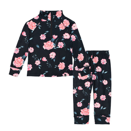 Two Piece Black Thermal Underwear Set With Rose Print-0