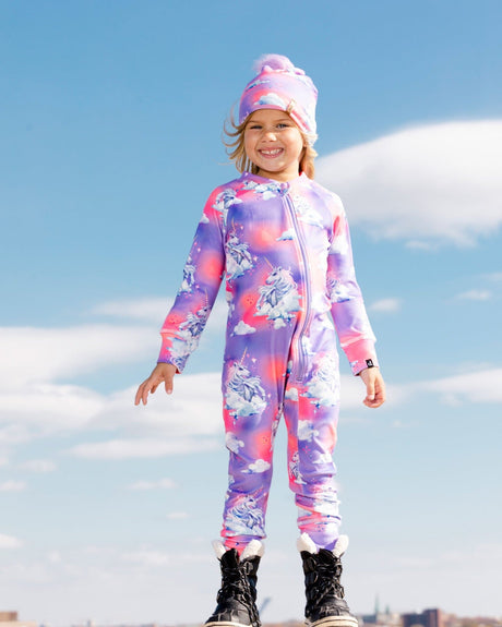 One Piece Thermal Underwear Set Lavender With Unicorns In The Clouds Print-1