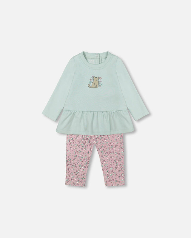 Organic Cotton Tunic And Printed Legging Set Mint And Mauve Little Flower Print-0
