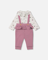 Organic Cotton Printed Onesie And Grow-With-Me Suspender Pant Set Mauve And Beige Little House Print-0