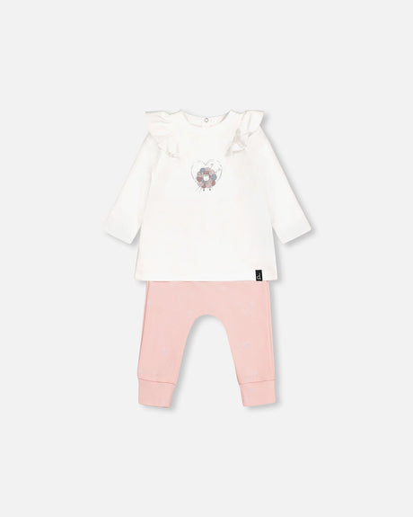 Organic Cotton Top And Printed Pant Set Off White And Pink-0