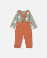 Organic Cotton Printed Onesie And Suspender Pant Set Sage Green Sly Little Fox Print And Mocha-1