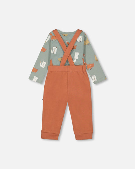 Organic Cotton Printed Onesie And Suspender Pant Set Sage Green Sly Little Fox Print And Mocha-1