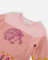 Color Block Knitted Sweater Dress Pink With Hedgehog Intarsia-4