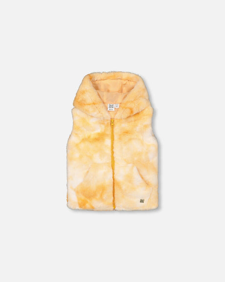 Hooded Faux Fur Vest Yellow Tie Dye-0