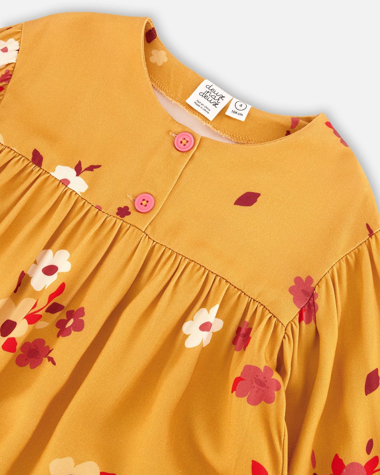 3/4 Puffy Sleeve Woven Tunic Yellow Ochre Flower Print-3