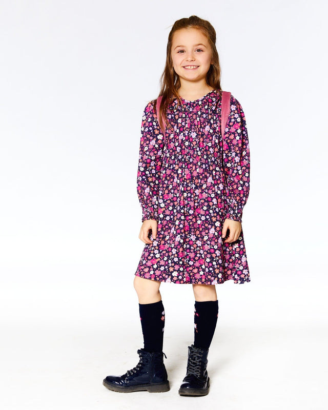 Printed Woven Dress With Puffy Long Sleeves Dark Navy Ditsy Flowers-2