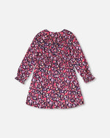 Printed Woven Dress With Puffy Long Sleeves Dark Navy Ditsy Flowers-3