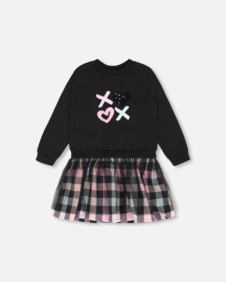 Bi-Material Sweatshirt Dress With Tulle Skirt Black And Colorful Plaid-0