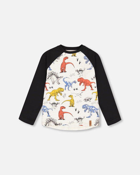 Raglan Jersey T-Shirt With Dinosaurs Print On Oatmeal Mix-0