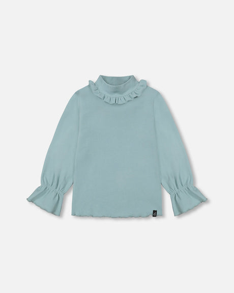 Super Soft Brushed Rib Mock Neck Top With Frills Mint-0