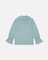 Super Soft Brushed Rib Mock Neck Top With Frills Mint-2