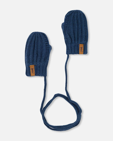 Baby Knitted Mittens With String Navy-0