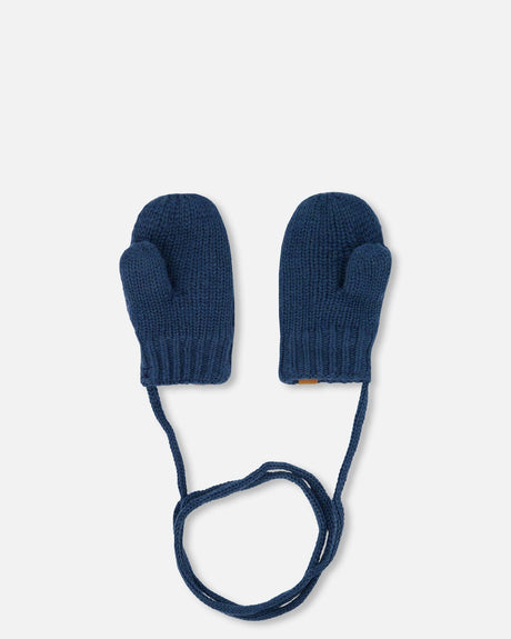 Baby Knitted Mittens With String Navy-1
